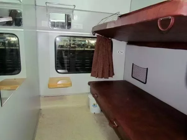 Inside view of Indian Railways First AC Coupe with 2 berths and closed door for privacy